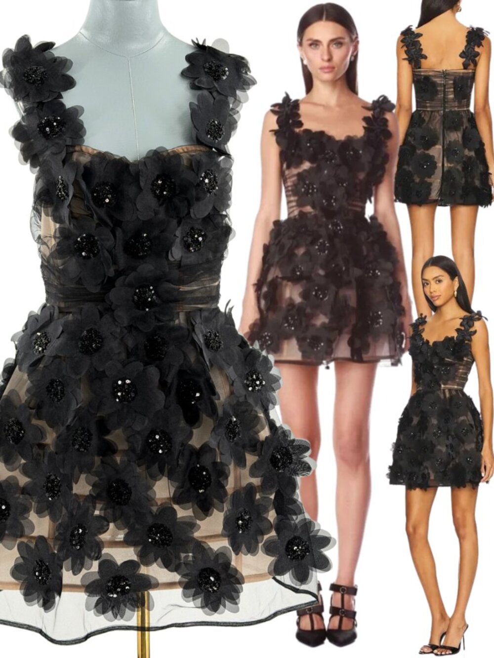 🆕 BRONX & BANCO 🧿 NWOT Rosalie Noir Floral-Appliqué Tulle Mini Dress, Sz L US8